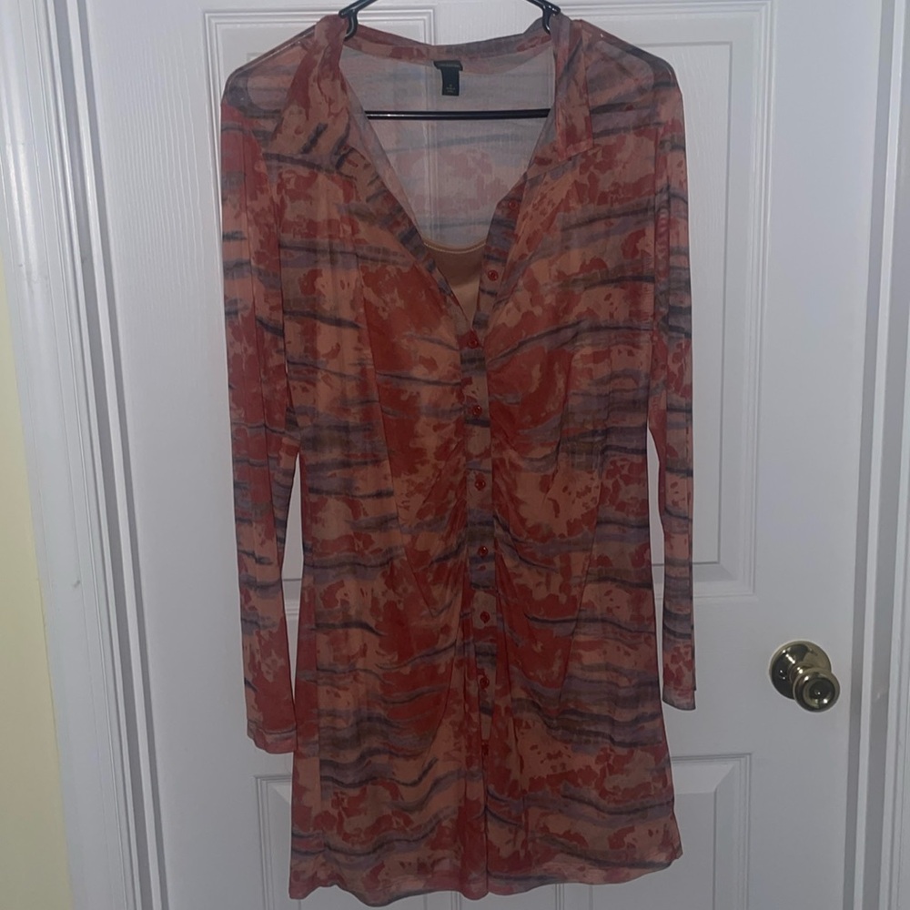2 piece Dress Sheer Collard button up with under satin dress